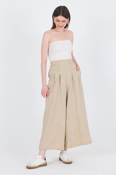 Rays Beige Cotton Linen Textured High Waist Pleated Palazzo Pants 4819A
