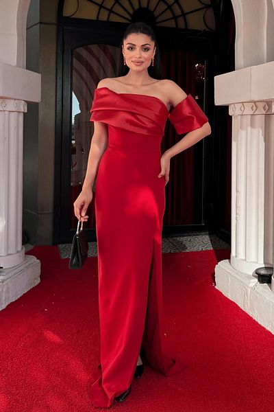 giyimmasalı Atlas Organza Fabric Boat Neck Evening Dress - Red