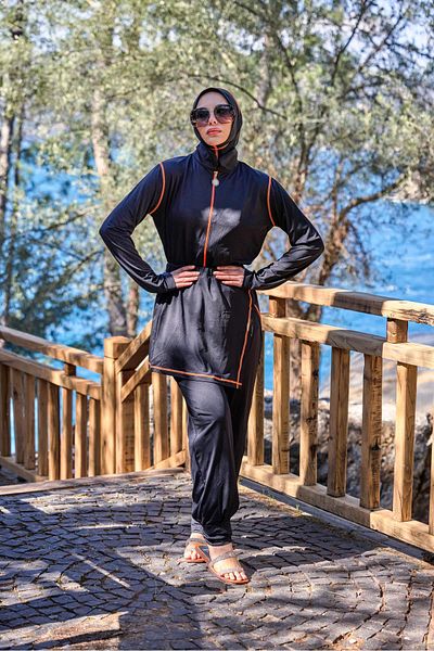 NS TASARIM MAYO Orange Striped Design Hijab Jumpsuit Swimsuit with Lycra Modular Skirt