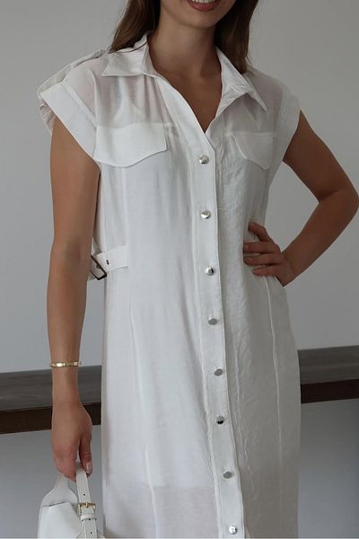 Neşeli Butik Women's Button Side Belt Detail Midi Length Pocket Detail Dress Nbnp001