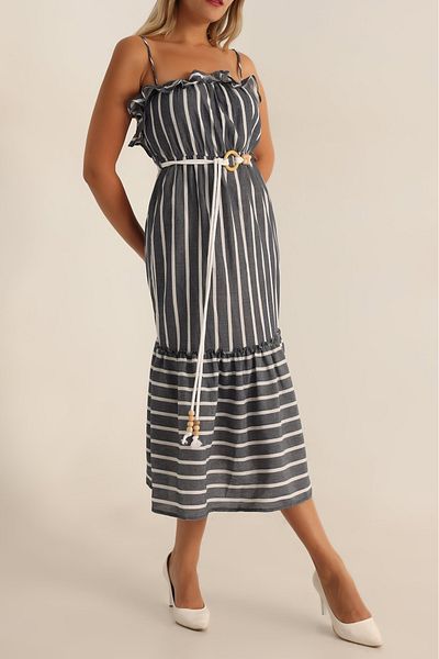 Stil Sepeti Women's Navy Blue Striped Collar Ruffled Belt Midi Linen Dress Tll-10074100