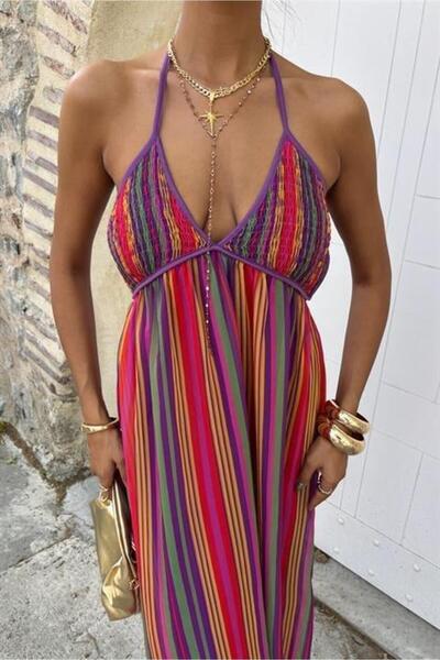 Genel Markalar Askılı Pile Detaylı Renkli Maxi Elbise 2748