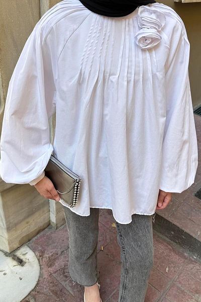 lamelif Floral Detailed Ribbed Blouse White