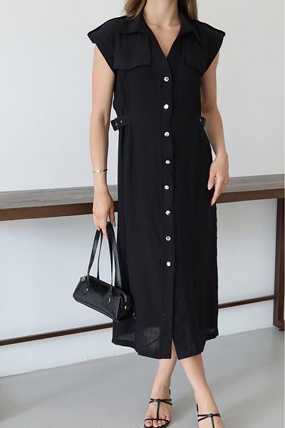 Neşeli Butik Women's Button Side Belt Detail Midi Length Pocket Detail Dress Nbnp001