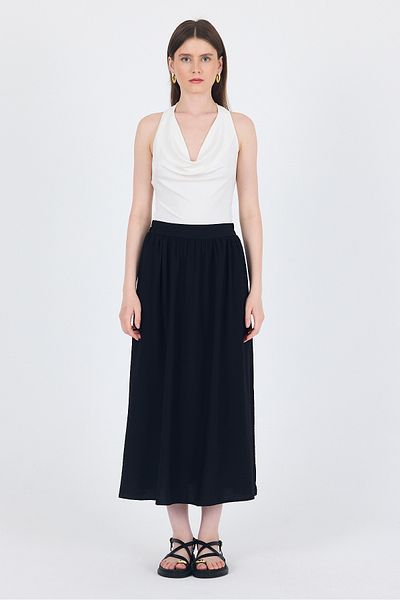 Rays Black Linen Look Midi Skirt with Pocket Detail 2344
