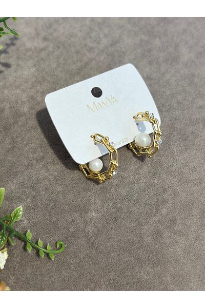 BEREN KILIÇ Gold Pearl and Zircon Stone Hoop Earrings Steel Earrings