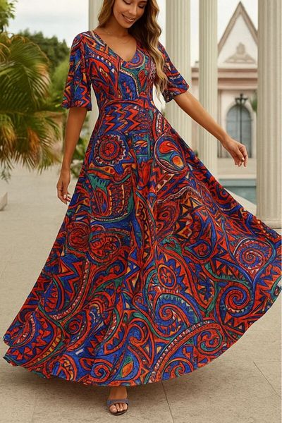 Gökyüzü Moda Women's Short Sleeve V Neck Patterned Single Jersey Dress