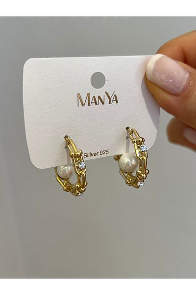 BEREN KILIÇ Gold Pearl and Zircon Stone Hoop Earrings Steel Earrings