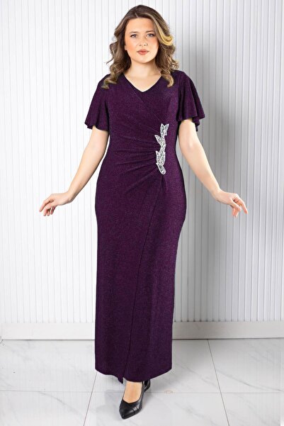 SUBU TASARIM Βραδινό φόρεμα με πέτρινα αξεσουάρ Silvery Plum TBSMDA2533