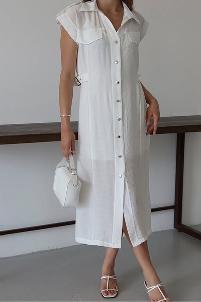Neşeli Butik Women's Button Side Belt Detail Midi Length Pocket Detail Dress Nbnp001
