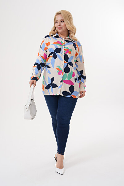 Polologin Butik Abstract Leaf Patterned Beige Viscose Tunic