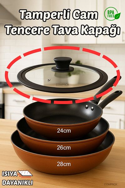 Comprox (24-26-28cm) Heat Resistant Silicone Edged Glass Lid Pan Cover Compatible with Pots and Pans
