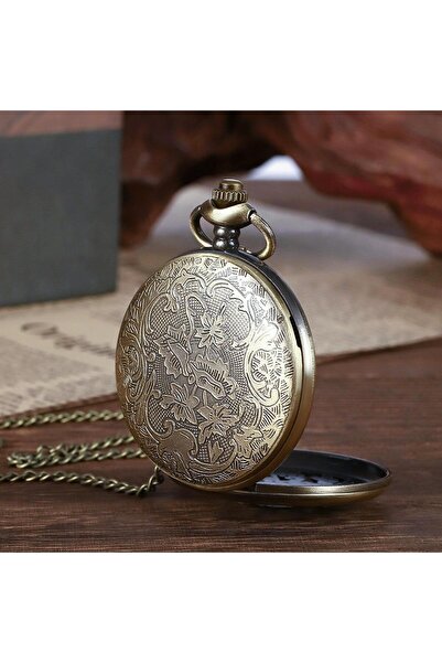 valkyrie Retro Vintage Embossed Smoky Train Flower Motif Elegant Chain Pocket Watch