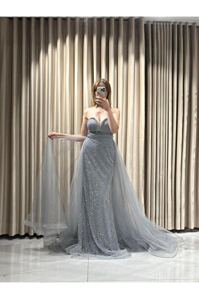 Kaleiçi Yıldızlar Gri Taş İşlemeli Balık Tül Pelerinli Önü Detaylı HV682