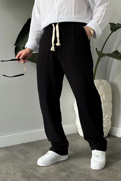 BayAygün Bayaygun 5070 Baggy Joger Linen Trousers_Black
