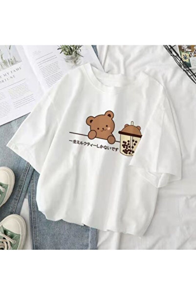 LAYORA Tricou pentru femei supradimensionat cu model Sweet Teddy Bear și Bubble Tea