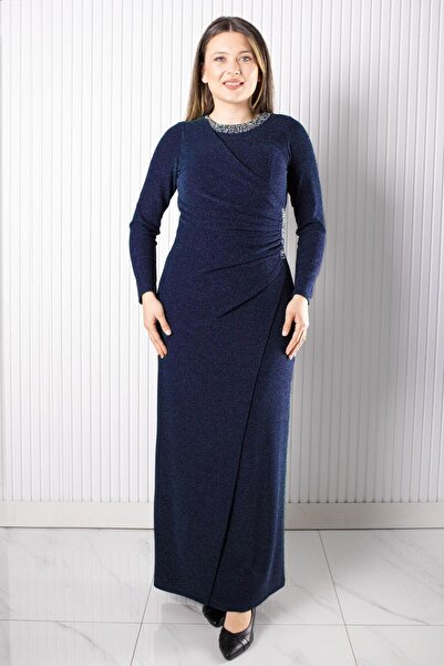SUBU TASARIM Evening Dress with Stone Print Detail Navy Blue Tbsmda2537