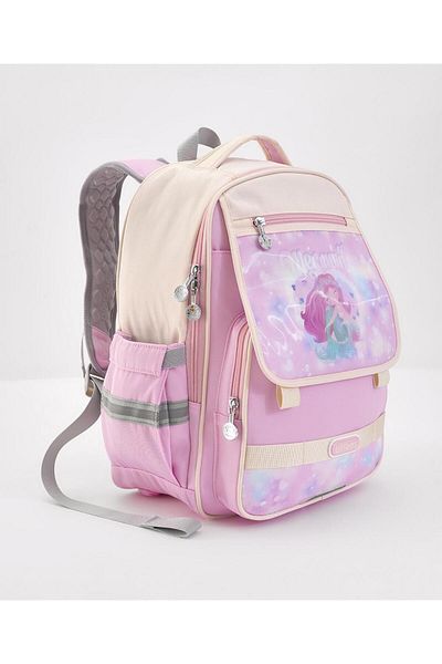 Bonfino Bonfino Mermaid Printed School Bag, 2 Side Water Bottle Pockets, Pink - 15 Inches