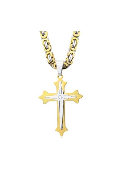 Tessero Necklace Byzantine model with cross pendant 3D effect, zirconia stone, stainless steel, gold 18K pla