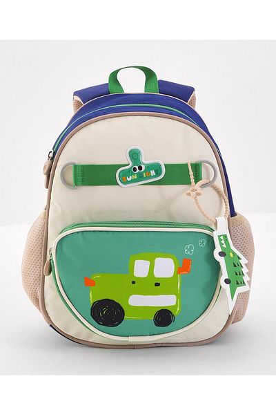 Bonfino Bonfino Car Printed School Bag, 2 Side Water Bottle Pockets, Blue & White - 12 Inches