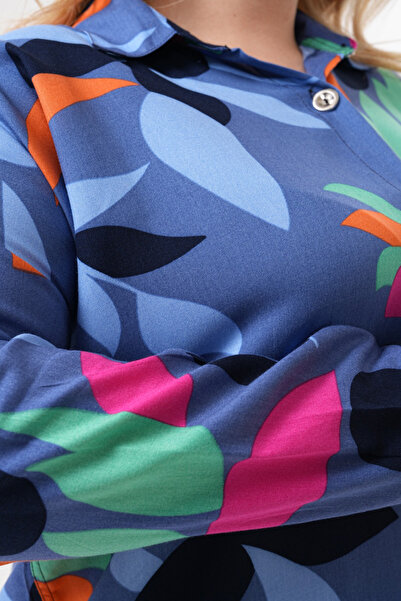 Polologin Butik Abstract Leaf Patterned Blue Viscose Tunic