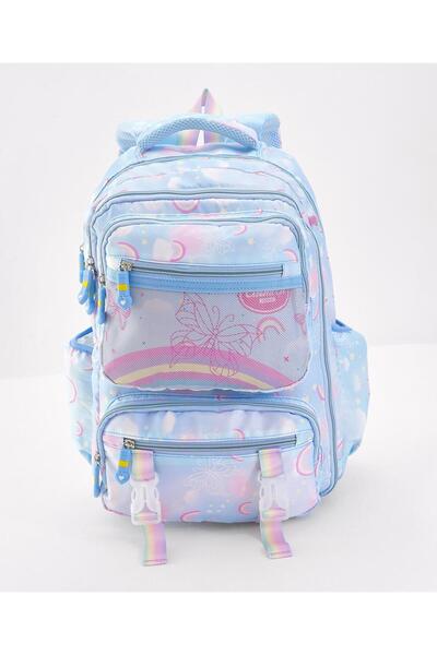 Bonfino حقيبة مدرسية بونفينو بتصميم فراشة، مزودة بأحزمة مبطنة، وحاملين للزجاجات، لون أزرق - 17 بوصة