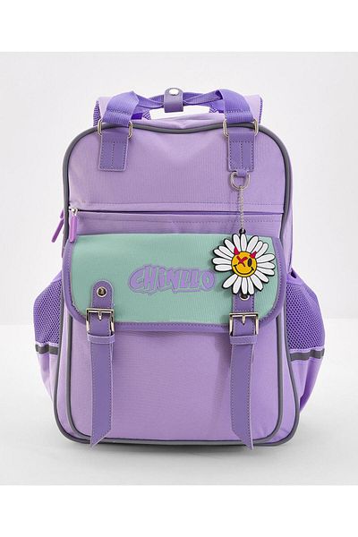 Bonfino Bonfino School Bag with Chained Locket, Thickened Straps, Floral Themed, Purple - 15 Inches