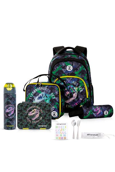 Eazy Kids 17" Set of 5 Backpack w/ Water Bottle, Lunch Box, Lunch Bag and Pencil Case-T-Rex