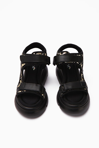 Limoya Anela Black Wedge Heeled Velcro Women's Sandals