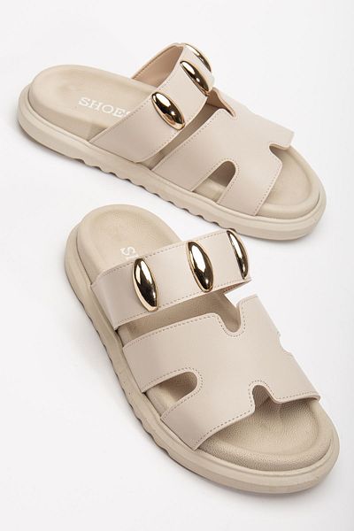 Tonny Black Women's Beige Banded Buckle Detailed Design Slippers