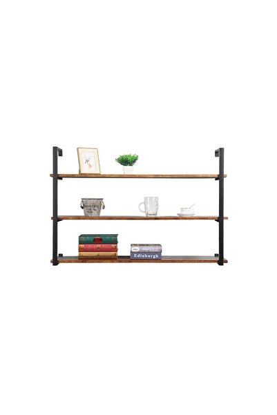 Hitit Dekorasyon Tasnia Siyah Metal Ahşap Duvar Rafı 120cm 3 Katlı