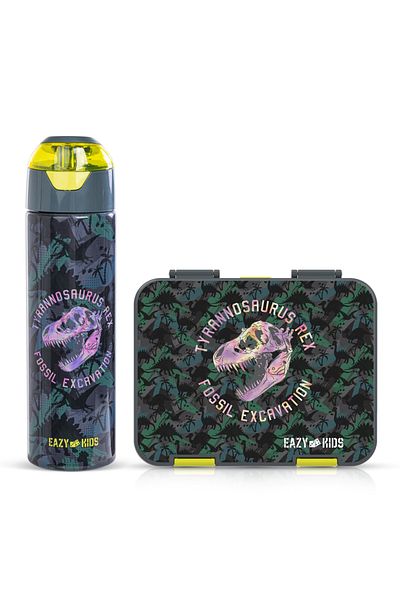 Eazy Kids 6&4 Convertible Bento Lunch Box w/ Water Bottle, Steel Spoon&Fork Set & Name Sticker-T-Rex dino Gray