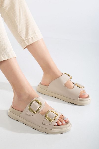 Tonny Black Women's Beige Double Strap Buckle Detailed Slippers