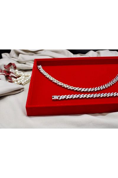 Brand. Set colier și brățară cu legături cubaneze Iced Out – placate cu argint, cu strasuri strălucitoare, stil hip-hop