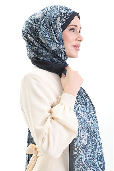 sefamerve Σάλι από βαμβακερό σχέδιο Karaca 82003-06 Navy Blue Cream