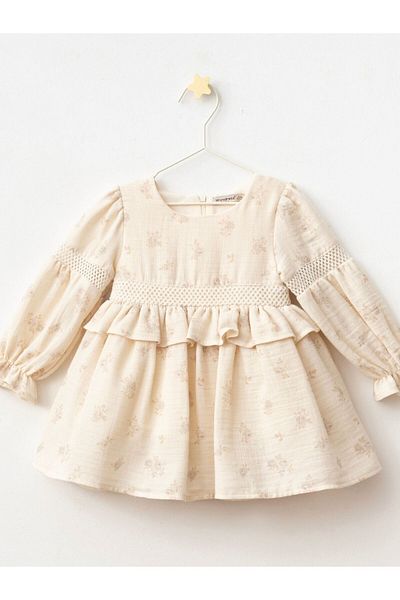 Cherrys Bebek Girl's Floral Patterned Long Sleeve Muslin Dress