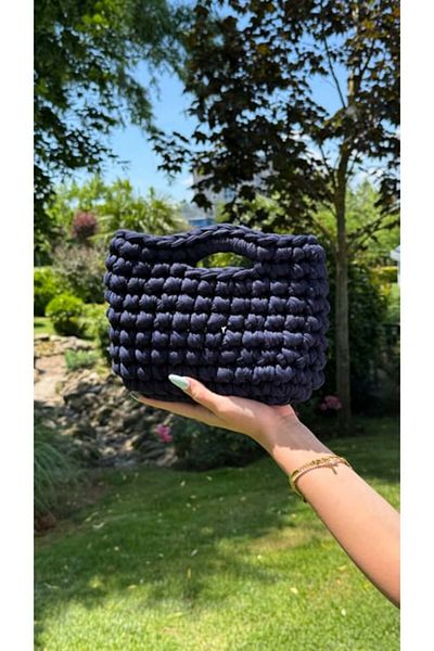 Qielle Navy Blue Hand Knitted Clutch Bag |   Handmade Recycled Bag