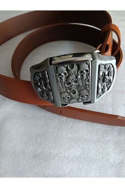 Butik Tülin Unisex Authentic Genuine Cowhide Leather Tan Silver Skull Cemetery Lighter Cowboy Buckle Belt Thailand