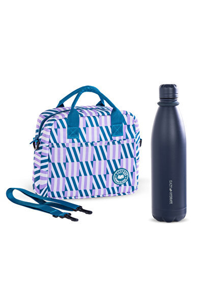 Eazy Kids Steel Water Bottle w/ Lunch Bag, 1L Blue