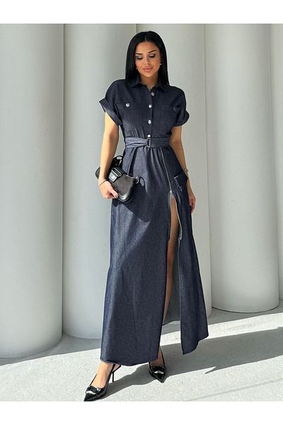 Stil Sepeti Women's Navy Blue Zipper Detail Short Sleeve Button Long Denim Dress Kd-100074120