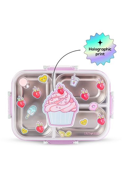 Eazy Kids صندوق غداء بينتو من الفولاذ المقاوم للصدأ بثلاث حجرات سعة 800 مل مع حقيبة غداء - كب كيك بنفسجي