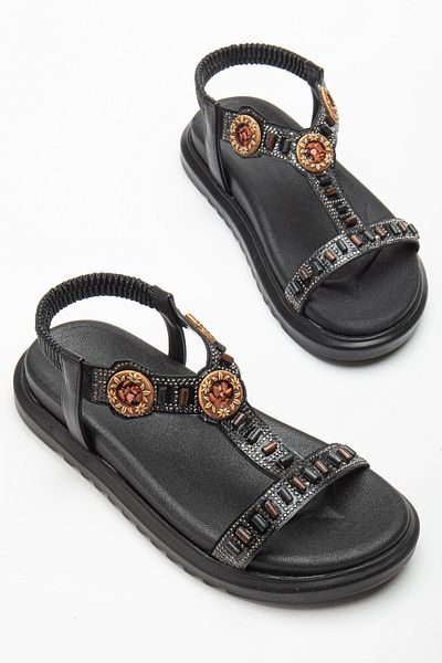 Tonny Black Women's Black Stone Embroidered Sandals with Elastic Back