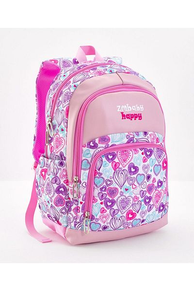 Bonfino Bonfino Heart Printed School Bag, 2 Side Water Bottle Pockets, Pink - 12 Inches