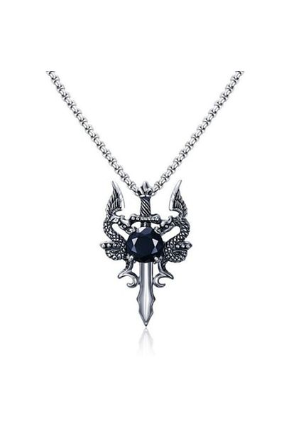 Tessero Cubic Chain Necklace with Sword Pendant, Black Zirconia Stone, Silver-Plated, Tessero