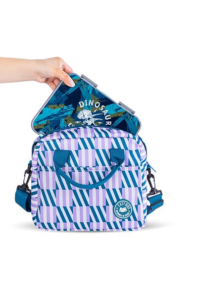 Eazy Kids صندوق غداء بينتو قابل للتحويل للأطفال من عمر 6 إلى 4 سنوات مع حقيبة غداء، ومجموعة ملاعق وشوكة فولاذية، وملصقات أبجدية - رمادي تي ريكس