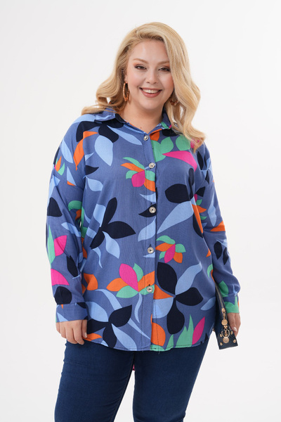 Polologin Butik Abstract Leaf Patterned Blue Viscose Tunic