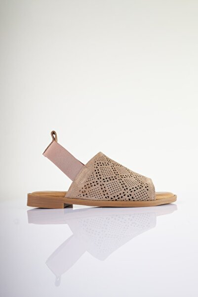SU SHOE BOUTIQUE NO81 Pudra Hakiki Süet Deri Lastikli Sandalet