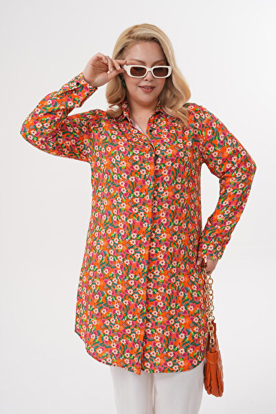 Polologin Butik Small Floral Patterned Orange Viscose Tunic