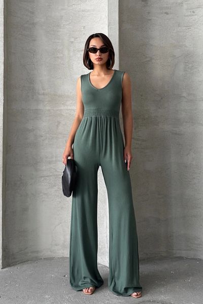 Stil Diva Large Size Corduroy Fabric Elastic Waist Back Detail Long Jumpsuit 198140