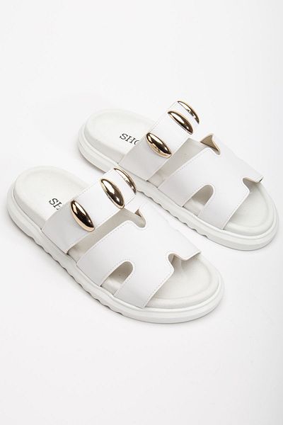 Tonny Black Women's White Strappy Buckle Detailed Design Slippers